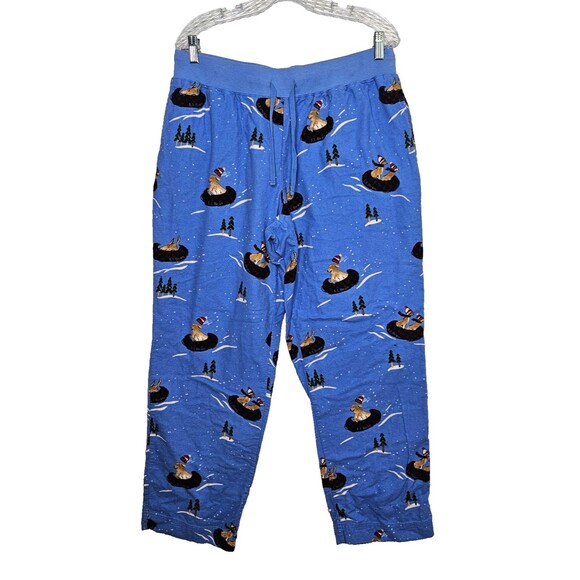 LL BEAN Womens Pajama Pants Flannel Large Blue Dogs Sledding Pockets - Picture 1 of 8